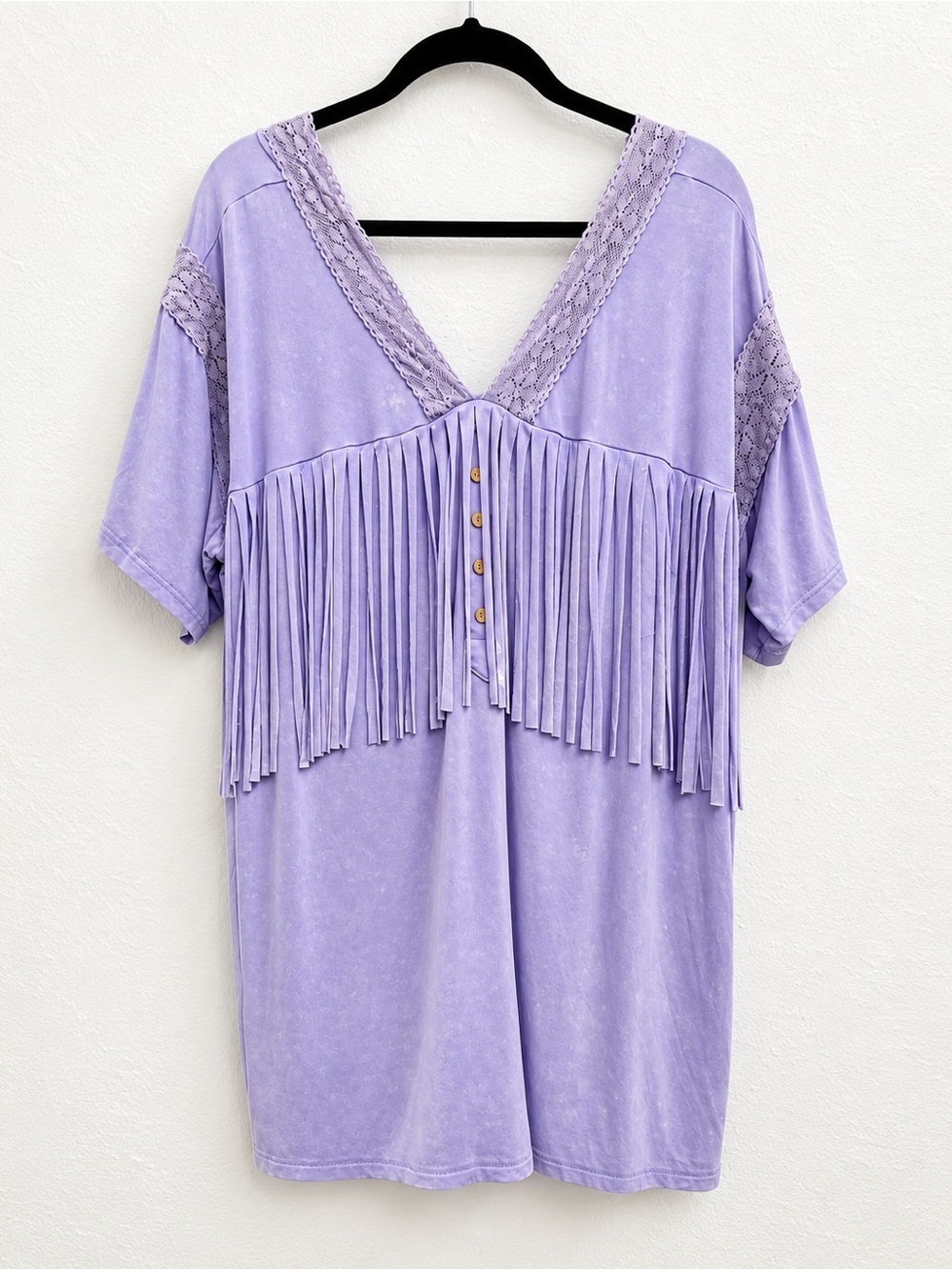 Women's Lavender Fringe V-Neck Tunic with Lace Trim